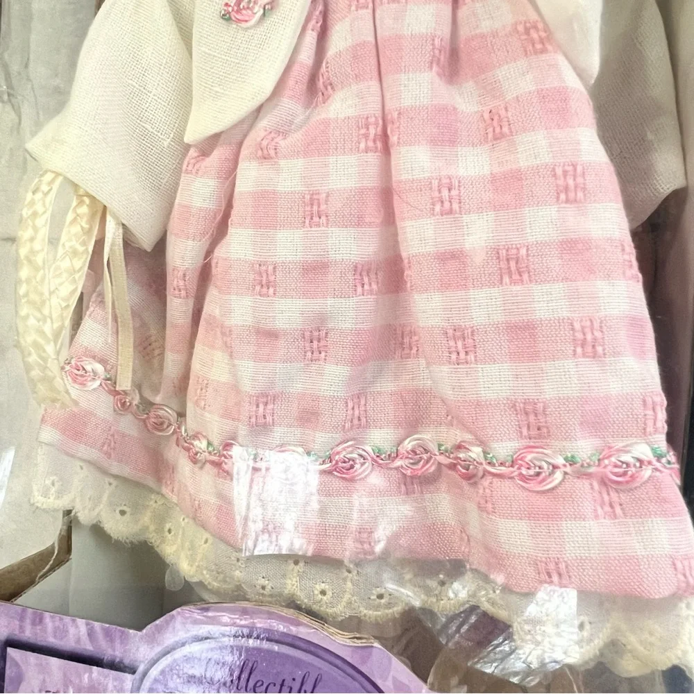 Collectible Porcelain Doll with Brown Curl Hair Pink Dress Straw Hat with Stand - Picture 5 of 13